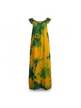 Tie-Dye Womens Yellow & Green Cotton Sleep Wear Night Gown Free Size Relaxed Fit